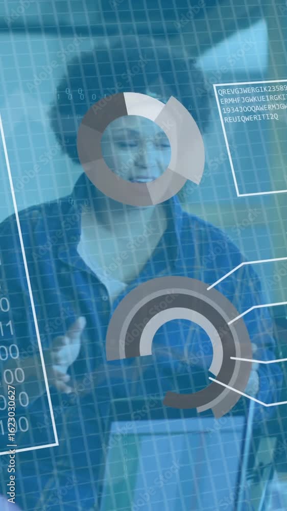 Poster animation of interface with data processing over woman discussing with colleagues at office