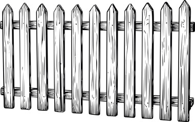 Wooden picket fence with vertical planks in black and white sketch art. Vector illustration