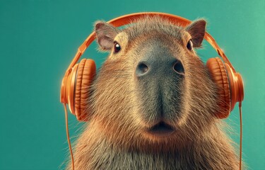Relaxed capybara with vintage orange headphones and calm smile in warm studio lighting, retro 80s style photorealistic portrait