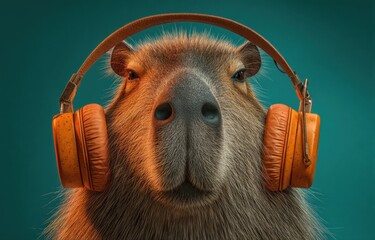 Relaxed capybara with vintage orange headphones and calm smile in warm studio lighting, retro 80s style photorealistic portrait