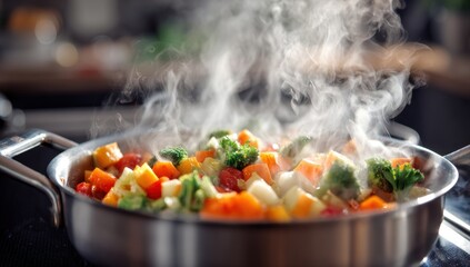 Stainless Steel Pan with Steaming Colorful Vegetables on Stove