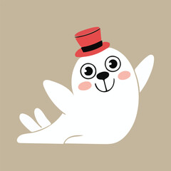 Cute seal with red hat. Vector illustration in flat style.