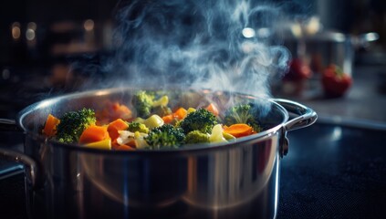 Stainless steel pot with colorful vegetables cooking on stove with rising steam in professional kitchen setting