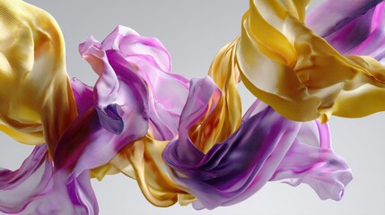 Abstract 3D rendering of colorful yellow and purple fabrics floating dynamically on white background