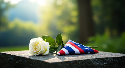 Memorial tribute White rose and folded flag on a stone, honoring fallen heroes