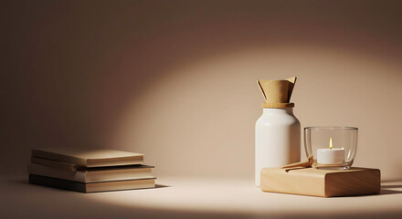 Cozy Still Life Books, Candle, and Decorative Items with Warm Lighting
