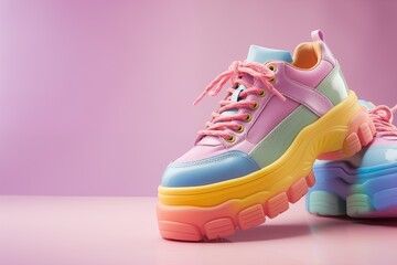 Trendy pastel chunky sneakers on a vibrant background