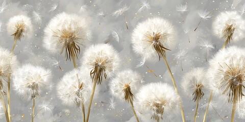 Obraz premium Closeup view of delicate dandelion seed heads against a soft grey background