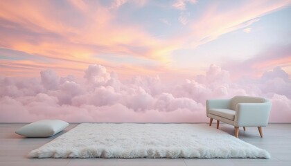 Soft pastel cloudscape, fluffy rug, geometric shapes, minimalist furniture,  soft,  calm