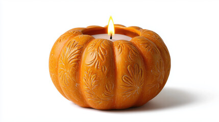 Decorative orange candle shaped like a pumpkin adds autumn ambiance to home decor during harvest season