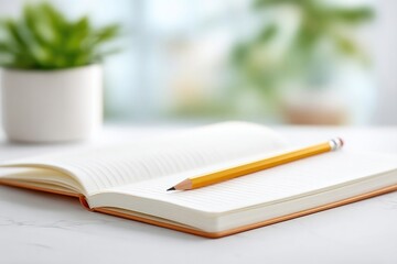 Open notebook with blank pages, pencil resting on top, vibrant p