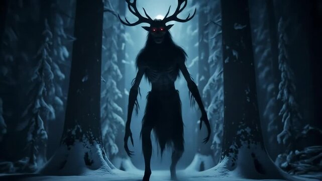 A terrifying antlered creature with glowing red eyes stands in a dark, snow-covered winter forest under the pale moonlight.