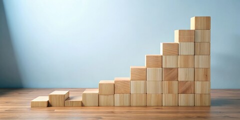 Ascending Wooden Blocks Forming a Staircase on a Wooden Surface Against a Light Blue Wall