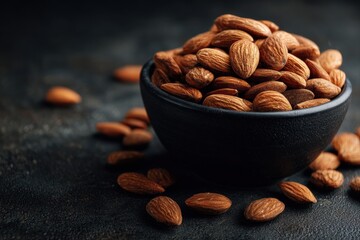 Almonds in bowl on dark wooden table with copyspace, healthy snack concept