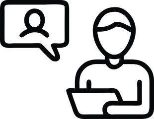 Online Communication Icon: A minimalist, flat vector icon represents online communication, showing a person interacting with a digital tablet and a chat bubble with a profile silhouette.