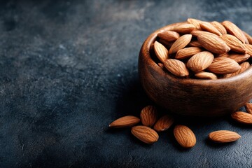 Almonds in bowl on dark wooden table with copyspace, healthy snack concept