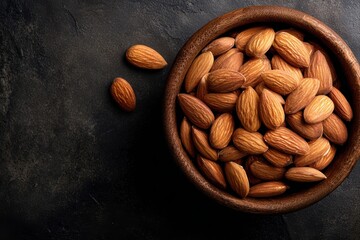 Almonds in bowl on dark wooden table with copyspace, healthy snack concept