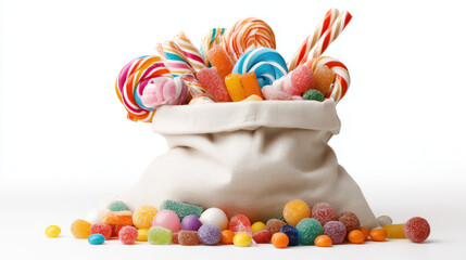 Colorful assortment of candies in a fabric bag with sweets spilling out on a plain background