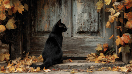 Black cat sits quietly near an old wooden door surrounded by autumn leaves in a rustic setting