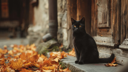 Black cat sitting among autumn leaves near an old wooden building in a quiet street during fall