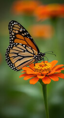 Fototapeta premium Monarch butterfly resting on a vibrant orange zinnia flower