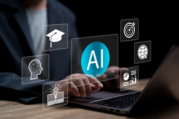 AI-powered E-learning Platform with Intelligent Virtual Tutor – Businessman use Artificial Intelligence Enhancing Online Education, Personalized Learning Experience, Digital Learning, Business Tools