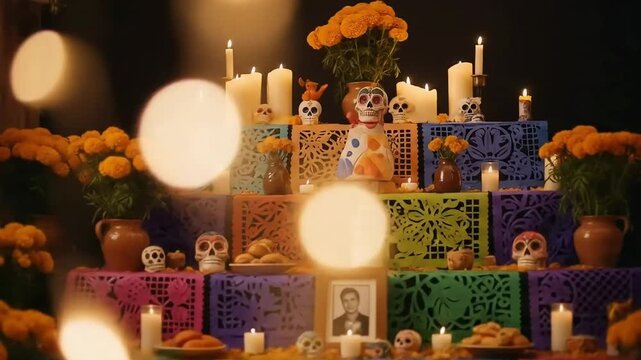 A vibrant Day of the Dead altar, adorned with marigolds, candles, and traditional offerings, creates a beautiful tribute.
