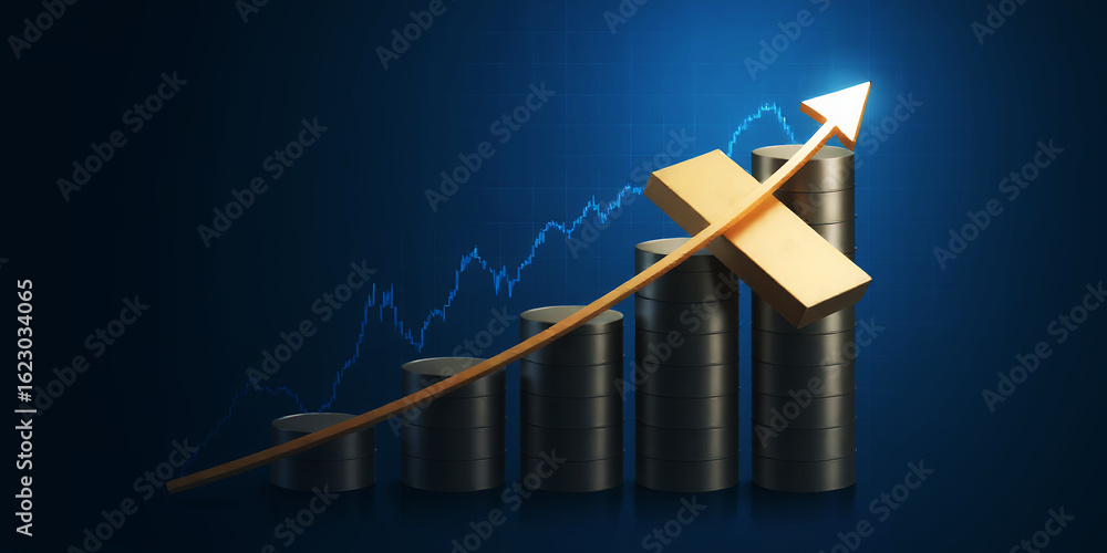 Poster golden arrow pointing upwards resting on stacked cylinders with a blue background graph line