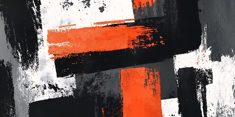 Vibrant abstract painting with bold orange, black, white, and grey brushstrokes and texture