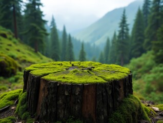 Woodland Stump with Moss and Bark in Serene Mountain Setting