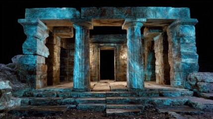 Holographic Ruins Architecture Abstract Ancient temple remnants reconstructed in flickering blue lasers digital archaeology projection