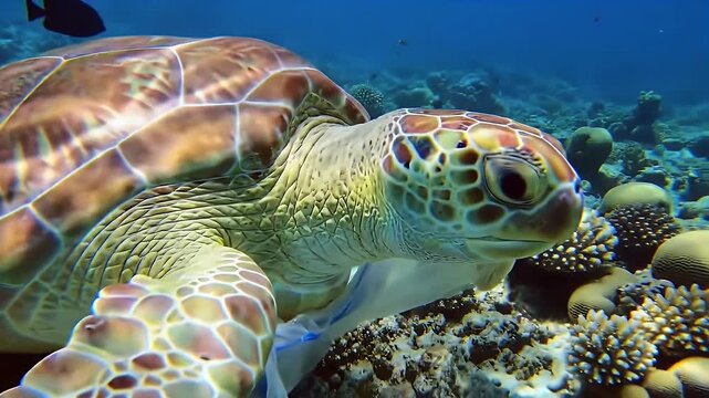 Sea Turtle Swimming Underwater with Plastic Pollution over Coral Reef In Bright Daylight