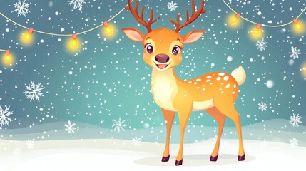 Cheerful cartoon deer in a snowy winter scene.
