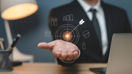 Businessman s outstretched hand displaying a futuristic digital interface with various technology icons for innovation and progress