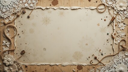 Rustic vintage background with blank paper sheet, lace, and rope, perfect for a wedding invitation or a greeting card mockup with a retro and ornate style