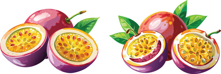 Artistic watercolor passion fruit painting with halves, whole fruits, and leaves