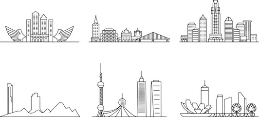 Naklejka premium Detailed Line Art of World City Skylines on Transparent Background for Architectural Designs
