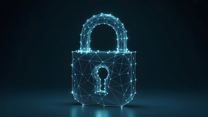 Glowing digital padlock formed from glowing blue geometric lines and dots on a dark background