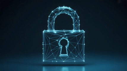 Glowing digital padlock formed by interconnected lines and nodes representing cybersecurity and data protection on a dark background