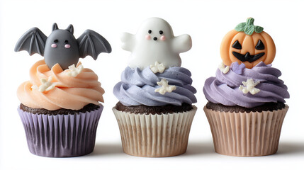 Halloween themed cupcakes decorated with ghost, bat, and pumpkin icing in pastel colors for festive celebrations