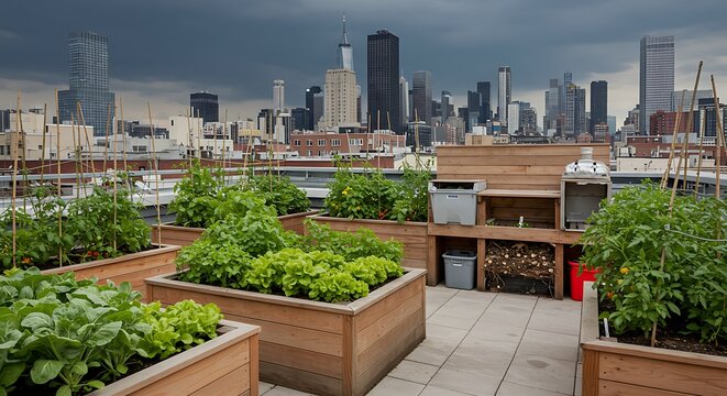 Urban Rooftop Garden Oasis with City Skyline