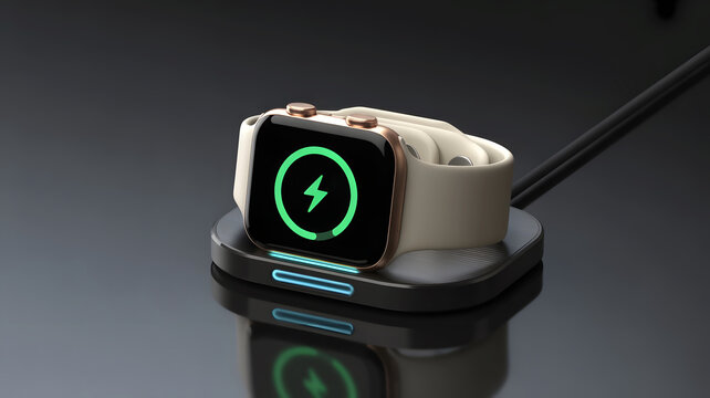 Modern smart watch with a light colored band charging on a sleek black wireless charging dock with a glowing green battery icon