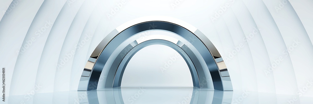 Poster three chrome arches in decreasing size against a white background with curved lines design