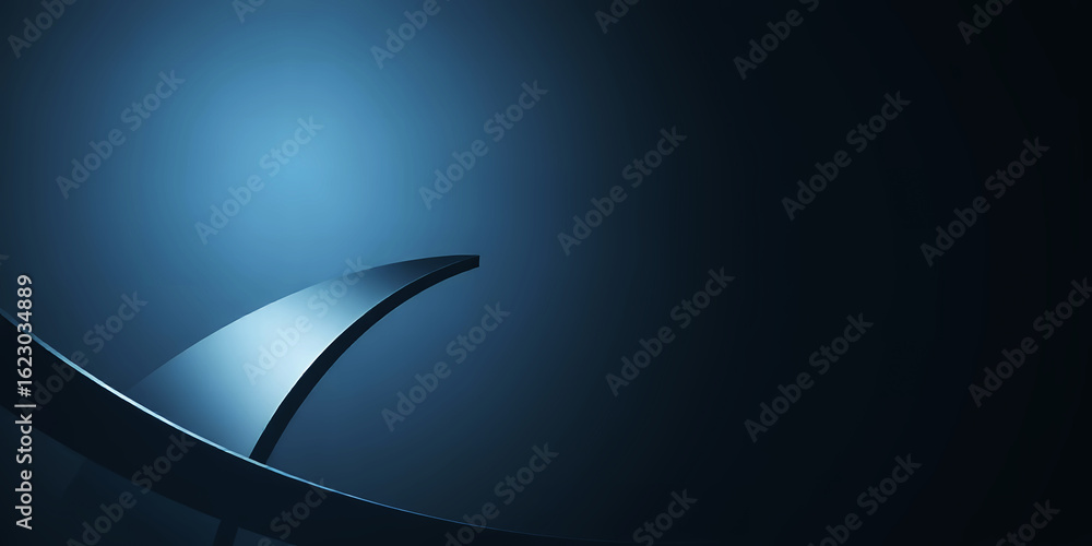 Poster abstract dark blue background with curved metal shapes creating a modern design element