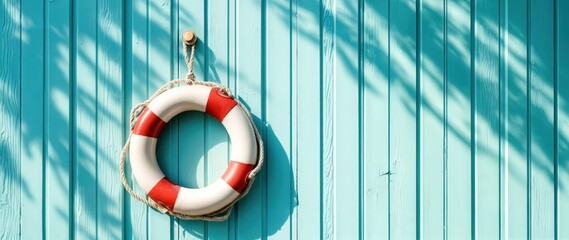Classic Lifesaver Ring on Pastel Blue Wooden Wall