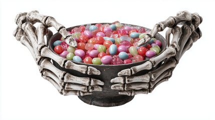 Unique Halloween candy bowl with skeleton hands holding colorful treats for a festive celebration