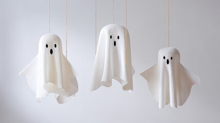 Decorative hanging ghosts create a festive atmosphere for Halloween in a minimalist interior setting