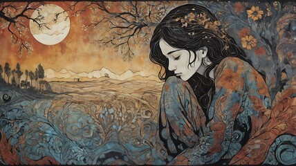 A woman sitting in a field under a tree with a full moon in the background in an artistic style  depression dementia mental health concept