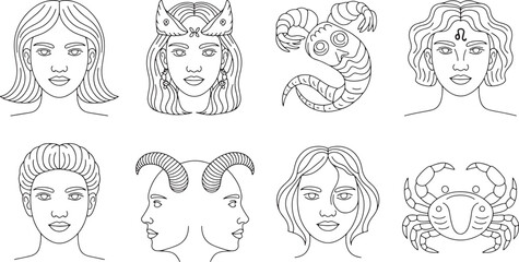 Astrological Zodiac Sign Faces: Cosmic Portrait Collection with Unique Hairstyles and Symbols