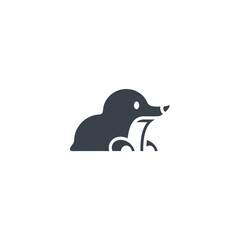 A minimalist dark gray mole icon a stylized silhouette with a pointed snout and visible paws emerging.